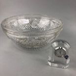 A CRYSTAL BOWL, TWO DECANTERS AND AN EDINBURGH CRYSTAL MINIATURE CLOCK