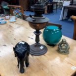 A VICTORIAN COPPER OIL LAMP, A GREEN GLASS SHADE AND OTHER ITEMS