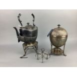 A PLATED EGG CODDLER, TEA KETTLE AND LOT OF CUTLERY