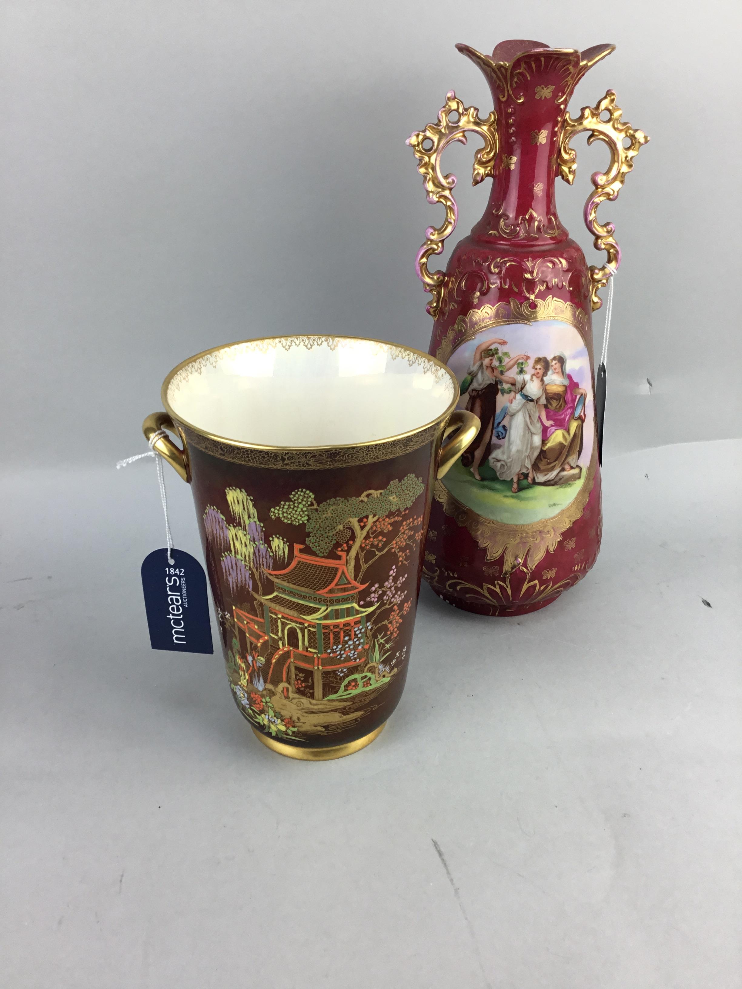 A CARLTON WARE ROUGE ROYAL VASE AND OTHER CERAMICS