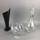 AN ORREFORS GLASS BOWL, A CRYSTAL DECANTER AND A CARLO WILD VASE
