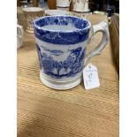 A 19TH CENTURY POTTERY BLUE AND WHITE MUG AND OTHER CERAMICS