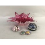 A MILLE FIORI GLASS PAPERWEIGHT AND OTHER GLASS ITEMS