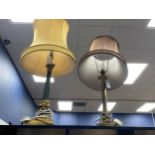 A LOT OF TWO BRASS COLUMN TABLE LAMPS WITH SHADES