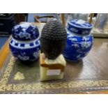 TWO CHINESE BLUE AND WHITE GINGER JARS AND A BRONZE BUST
