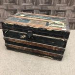 A VINTAGE WOOD TRAVEL CHEST