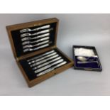 A SET OF SILVER PLATED AND MOTHER OF PEARL FRUIT KNIVES AND FORKS ALONG WITH OTHER CASED FLATWARE