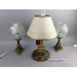 A PAIR OF BRASS TABLE LAMPS WITH GLASS SHADES AND ANOTHER LAMP