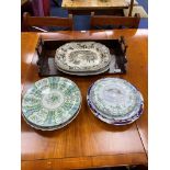 A ROSEWOOD GALLERIED TRAY, ASHETS AND VARIOUS STONEWARE