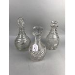 A LOT OF FIVE CUT GLASS DECANTERS AND OTHER GLASS ITEMS