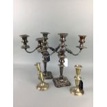 A PAIR OF PLATED TABLE CANDELABRA AND A PAIR OF STERLING CANDLESTICKS