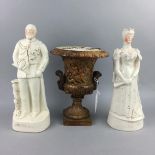 A PAIR OF STAFFORDSHIRE FIGURES AND AN URN