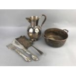 A PAIR OF SILVER PLATED ENTREE DISHES AND OTHER ITEMS
