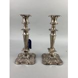 A PAIR OF 19TH CENTURY SILVER PLATED CANDLESTICKS ALONG WITH OTHER PLATED WARES