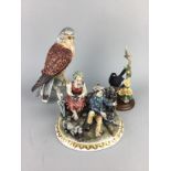 A GOEBEL FIGURE OF A BIRD, TWO OTHER FIGURES, A FRANKLIN MINT VASE AND OTHER CERAMICS