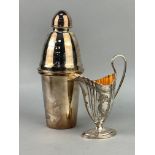 A SILVER PLATED COCKTAIL SHAKER AND OTHER ITEMS