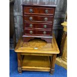 A MAHOGANY REPRODUCTION MINIATURE CHEST AND AN OCCASIONAL TABLE