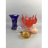A COLOURED GLASS DISH AND OTHER GLASS ITEMS