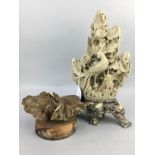 AN EASTERN SOAPSTONE SCULPTURE AND OTHER ITEMS
