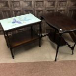 A MAHOGANY TWO TIER OCCASIONAL TABLE, A TROLLEY AND AN OAK RECLINING ARMCHAIR