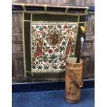 A VINTAGE GOLF BAG, EMBROIDERED WALL HANGING AND OTHER ITEMS