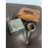 A JAPANESE WHITE METAL SQUARE BOX, A TRAVELLING CASE AND OTHER ITEMS
