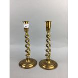 A PAIR OF BRASS SPIRAL TWIST CANDLESTICKS AND OTHER BRASS ITEMS