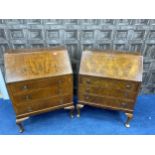 A 20TH CENTURY WALNUT FRONTED DROP LEAF BUREAU