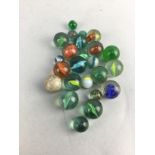 A LOT OF 20TH CENTURY MARBLES, A COLOURED GLASS DISH AND OTHER GLASS ITEMS