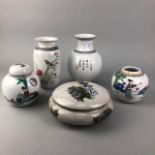 A CRACKLE GLAZE LIDDED DISH, TWO VASES AND TWO CHINESE JARS