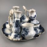 A PAIR OF COLESBERG BLUE AND WHITE CANDLESTICKS AND OTHER CERAMICS