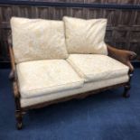 AN EARLY 20TH CENTURY WALNUT DOUBLE CANE BERGERE THREE PIECE SUITE