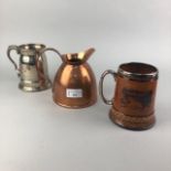 A COPPER WATER JUG, TWO COMMEMORATIVE TANKARDS AND SILVER PLATED ITEMS