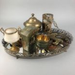 A SILVER PLATED SERVING TRAY, MANTEL CLOCK AND OTHER ITEMS