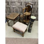 A MAHOGANY THREE TIER FOLDING CAKE STAND, STOOLS AND A DRUM