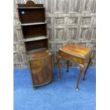 A REPRODUCTION MAHOGANY BOW FRONTED CABINET AND A MAHOGANY SIDE TABLE