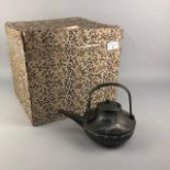A CHINESE PEWTER TEA POT AND A CHINESE BOX