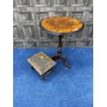 A 20TH CENTURY CIRCULAR OCCASIONAL TABLE AND AN OAK STOOL