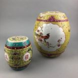 A CHINESE BARREL SHAPED LIDDED JAR AND OTHER CERAMICS