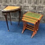 A YEW WOOD NEST OF THREE TABLES AND A CORNER TABLE