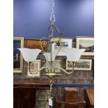 A BRASS THREE BRANCH CEILING LIGHT SHADE