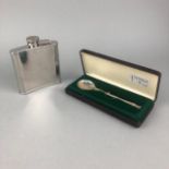 A SILVER COMMEMORATIVE SPOON, TWO HIP FLASKS AND OTHER ITEMS