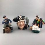 A ROYAL DOULTON CHARACTER JUG AND FOUR CHINA FIGURES