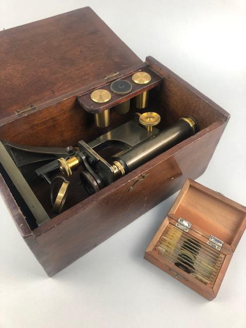 A R&J BECK MICROSCOPE IN BOX AND WITH ACCESSORIES