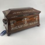 A MAHOGANY AND MOTHER OF PEARL INLAID TEA CADDY