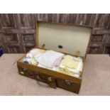 A W.J STONE & CO VINTAGE LEATHER SUITCASE AND VARIOUS LINEN