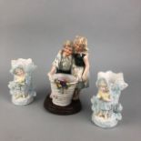 A HAND PAINTED FIGURE GROUP AND OTHER CERAMICS