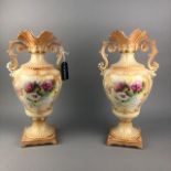 A PAIR OF TWIN HANDLED VASES AND TWO CERAMIC FIGURES