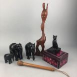 A PAIR OF CARVED WOOD ELEPHANT FIGURES AND OTHER WOOD ITEMS