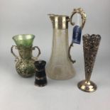 AN EDWARDIAN WHITE METAL VASE, A CLARET JUG AND OTHER ITEMS